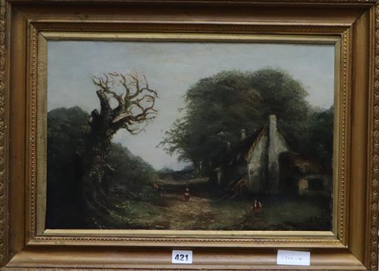 19th century English School, oil on canvas, Thatched cottage beside a lane, 29 x 44cm